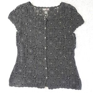 Vintage 90s Crochet Cardigan Womens Medium Black Beaded Granny Square Top Ramie